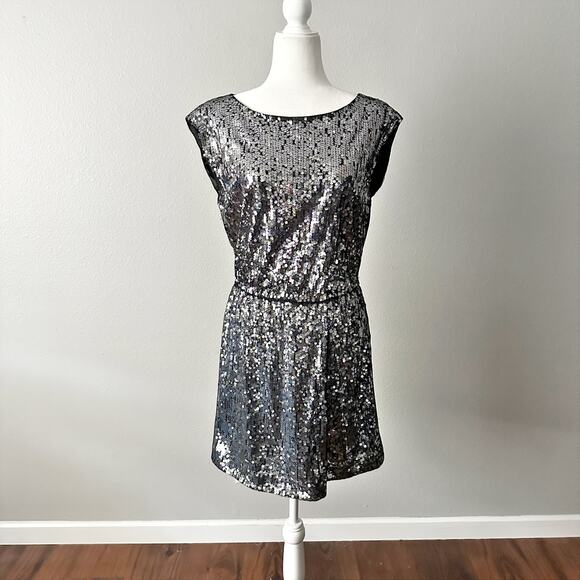 Elie Tahari Silver Sequin Black Mesh Mini Blouson Dress women's size small - Picture 11 of 14